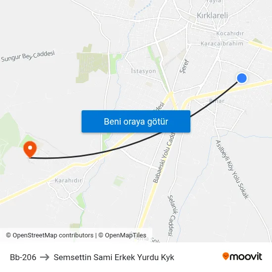 Bb-206 to Semsettin Sami Erkek Yurdu Kyk map