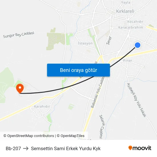 Bb-207 to Semsettin Sami Erkek Yurdu Kyk map