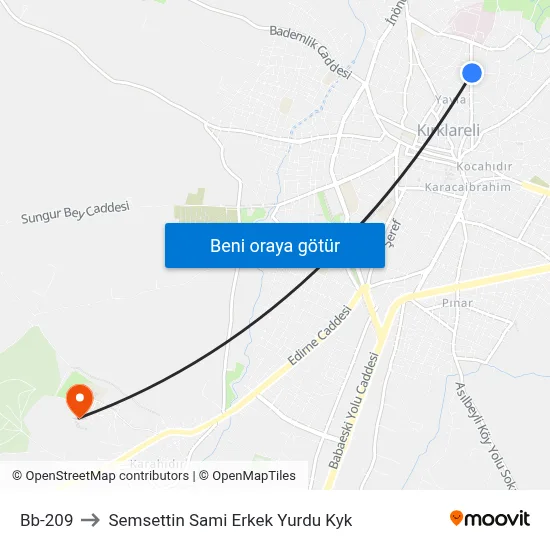 Bb-209 to Semsettin Sami Erkek Yurdu Kyk map
