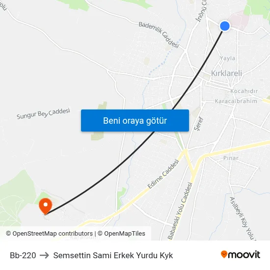 Bb-220 to Semsettin Sami Erkek Yurdu Kyk map