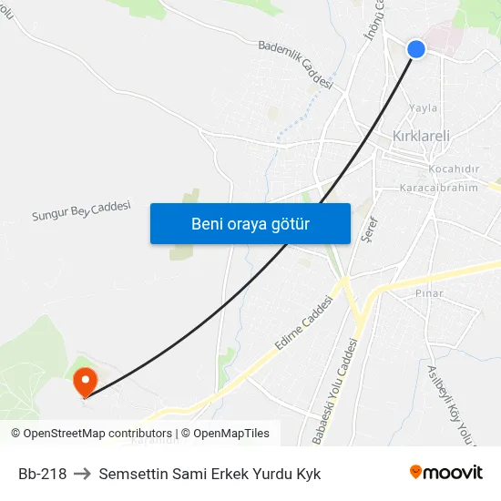 Bb-218 to Semsettin Sami Erkek Yurdu Kyk map