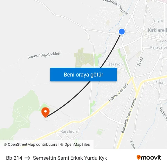 Bb-214 to Semsettin Sami Erkek Yurdu Kyk map