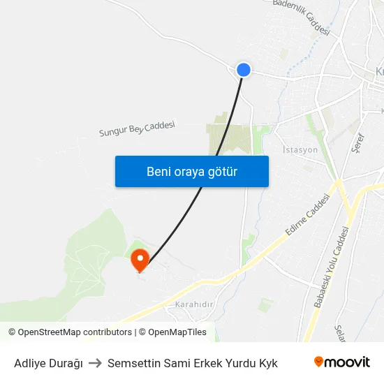 Adliye Durağı to Semsettin Sami Erkek Yurdu Kyk map