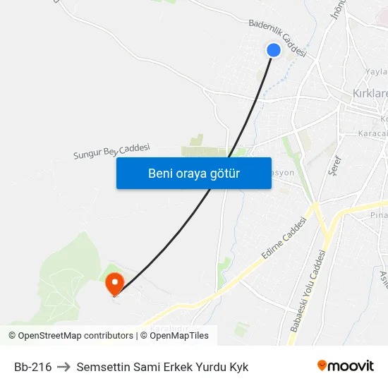 Bb-216 to Semsettin Sami Erkek Yurdu Kyk map