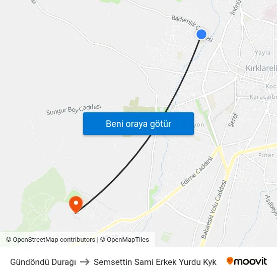 Gündöndü Durağı to Semsettin Sami Erkek Yurdu Kyk map