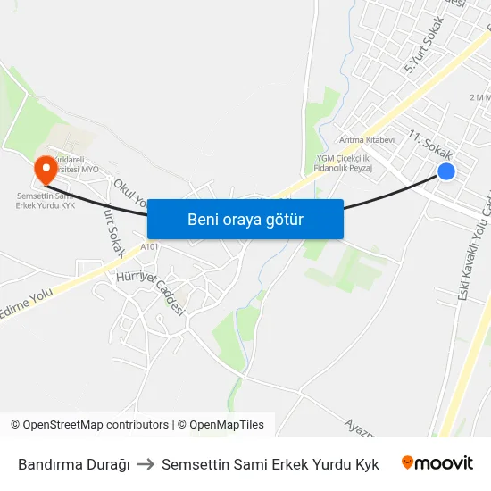 Bandırma Durağı to Semsettin Sami Erkek Yurdu Kyk map