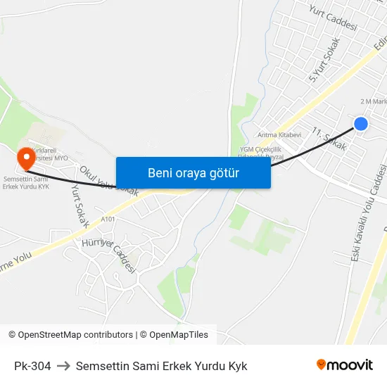 Pk-304 to Semsettin Sami Erkek Yurdu Kyk map