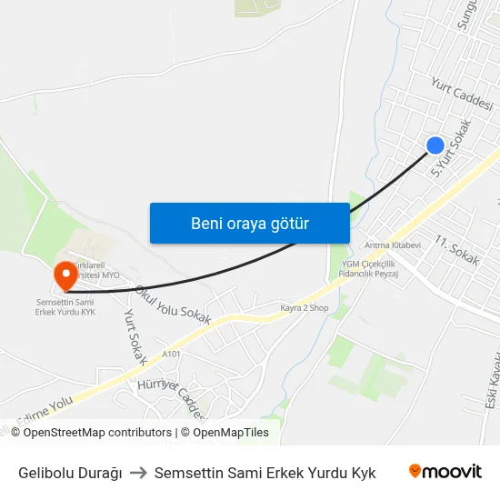 Gelibolu Durağı to Semsettin Sami Erkek Yurdu Kyk map