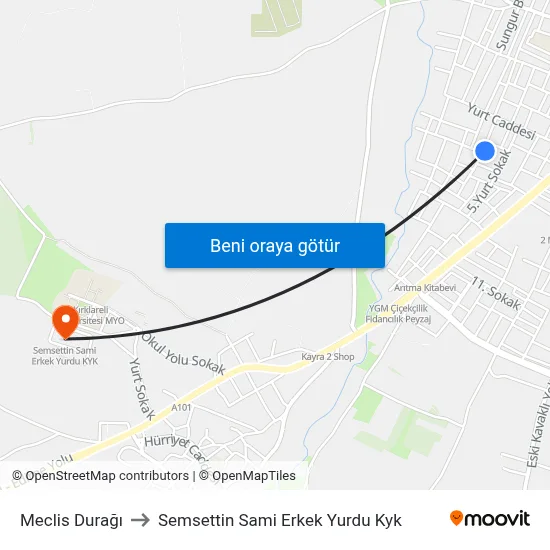 Meclis Durağı to Semsettin Sami Erkek Yurdu Kyk map