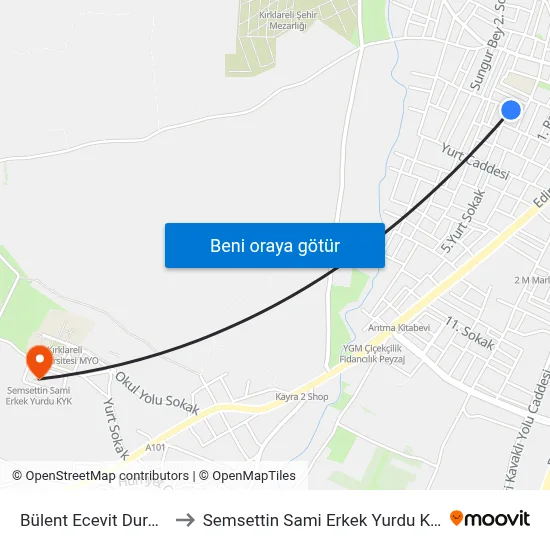 Bülent Ecevit Durağı to Semsettin Sami Erkek Yurdu Kyk map