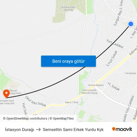 İstasyon Durağı to Semsettin Sami Erkek Yurdu Kyk map