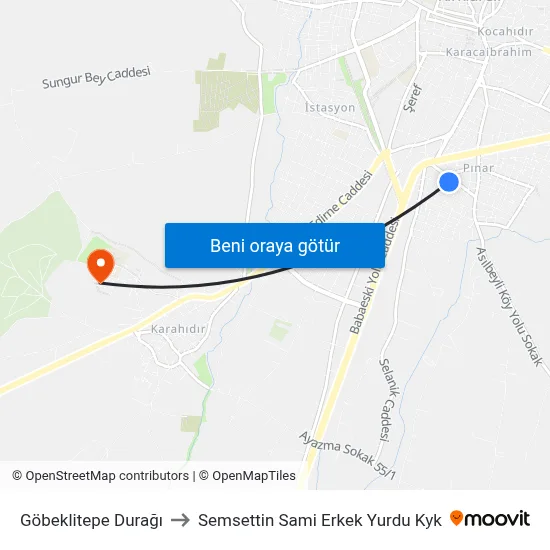Göbeklitepe Durağı to Semsettin Sami Erkek Yurdu Kyk map