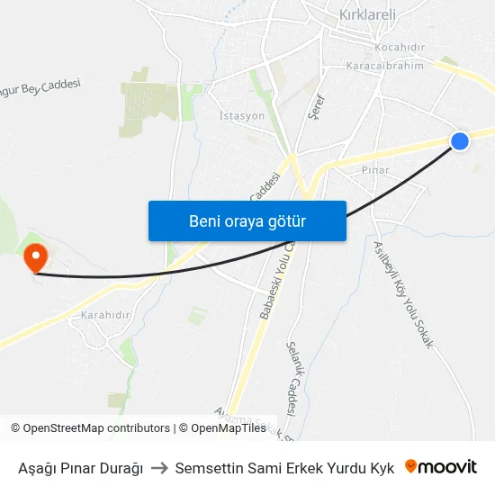 Aşağı Pınar Durağı to Semsettin Sami Erkek Yurdu Kyk map