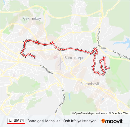 UM74 otobüs Hattı Haritası