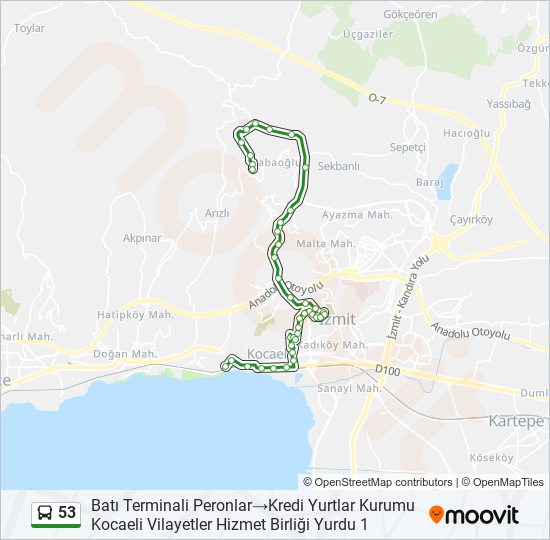 53 otobüs Hattı Haritası
