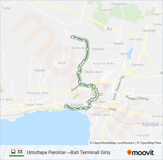 33 otobüs Hattı Haritası