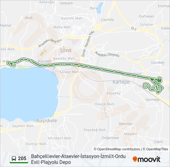 205 otobüs Hattı Haritası