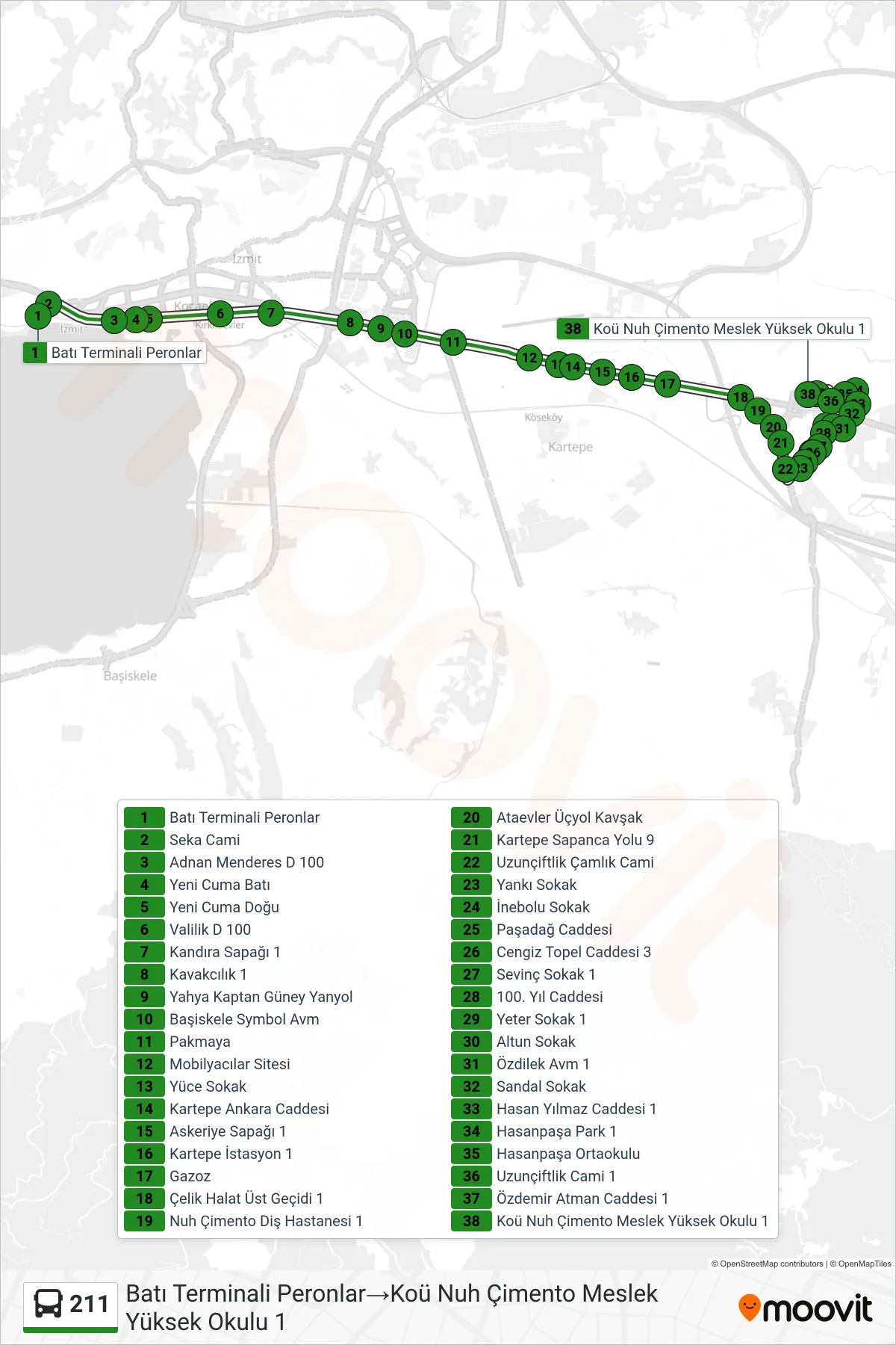 211 bus Line (Batı Terminali Peronlar→Koü Nuh Çimento Meslek Yüksek Okulu 1) route and stops on a map