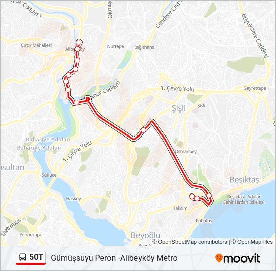 50T otobüs Hattı Haritası