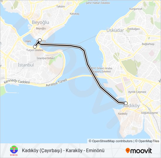KADIKÖY (ÇAYIRBAŞI) - KARAKÖY - EMINÖNÜ vapur Hattı Haritası