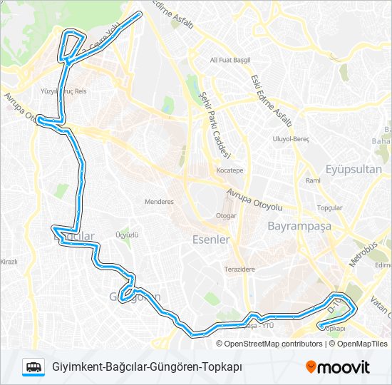 TOPKAPI-GÜNGÖREN-BAĞCILAR-GIYIMKENT Dolmus & Minibus Line Map
