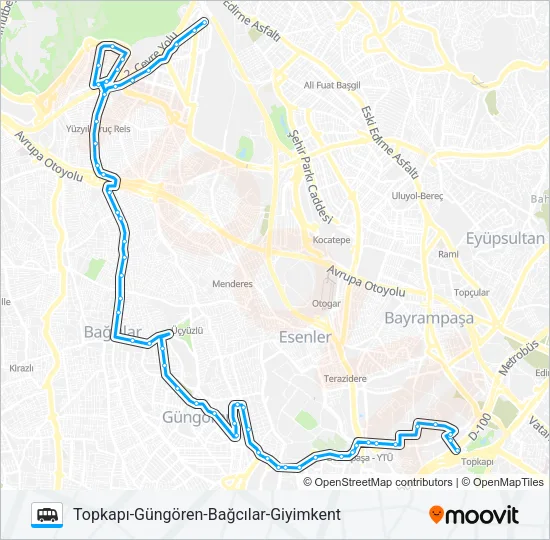 TOPKAPI-GÜNGÖREN-BAĞCILAR-GIYIMKENT Dolmus & Minibus Line Map