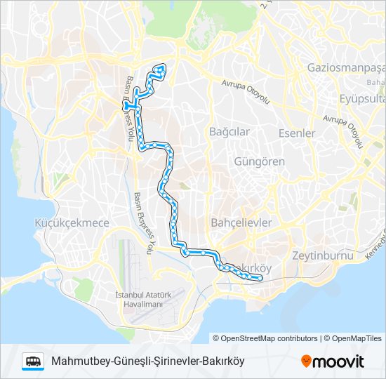 BAKIRKÖY-ŞIRINEVLER-GÜNEŞLI-MAHMUTBEY minibüs / dolmuş Hattı Haritası