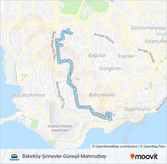 BAKIRKÖY-ŞIRINEVLER-GÜNEŞLI-MAHMUTBEY minibüs / dolmuş Hattı Haritası