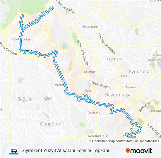 TOPKAPI-ESENLER-ATIŞALANI-YÜZYIL-GIYIMKENT minibüs / dolmuş Hattı Haritası