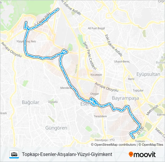 TOPKAPI-ESENLER-ATIŞALANI-YÜZYIL-GIYIMKENT Dolmus & Minibus Line Map