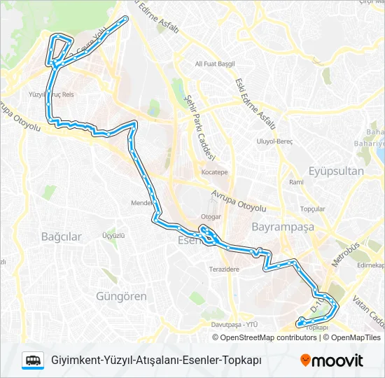 TOPKAPI-ESENLER-ATIŞALANI-YÜZYIL-GIYIMKENT Dolmus & Minibus Line Map