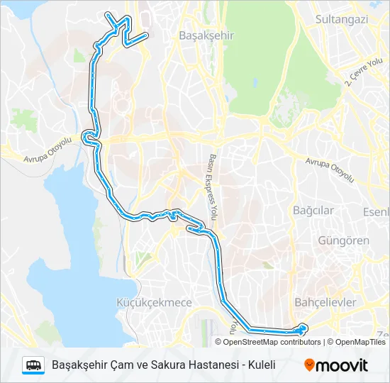 KULELI-HALKALI-ORTA MAHALLE-KAYAŞEHIR-BAŞAKŞEHIR ÇAM VE SAKURA HASTANESI Dolmus & Minibus Line Map