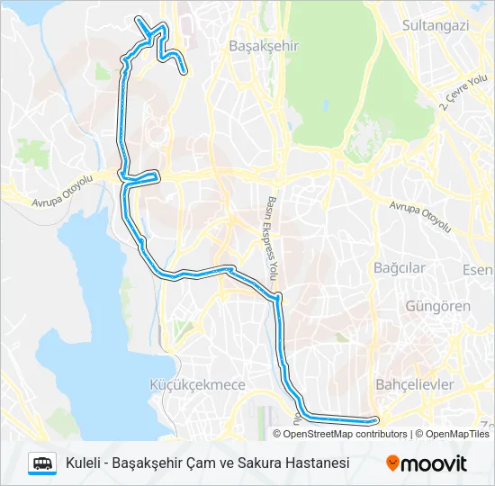 KULELI-HALKALI-ORTA MAHALLE-KAYAŞEHIR-BAŞAKŞEHIR ÇAM VE SAKURA HASTANESI Dolmus & Minibus Line Map