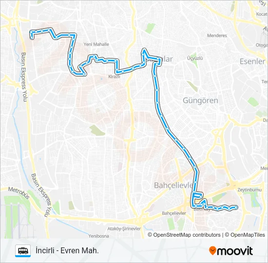 İNCIRLI -BAĞCILAR MEYDAN- EVREN MAH. Dolmus & Minibus Line Map