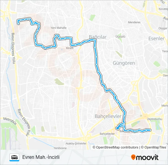 İNCIRLI -BAĞCILAR MEYDAN- EVREN MAH. Dolmus & Minibus Line Map