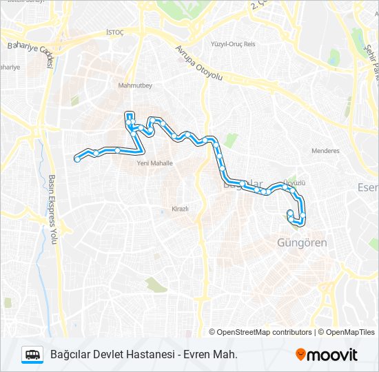 EVREN MAH. - BAĞCILAR DEVLET HASTANESI minibüs / dolmuş Hattı Haritası