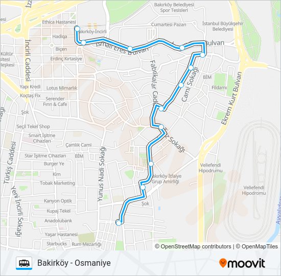 BAKIRKÖY - OSMANIYE - BAKIRKÖY METRO minibüs / dolmuş Hattı Haritası