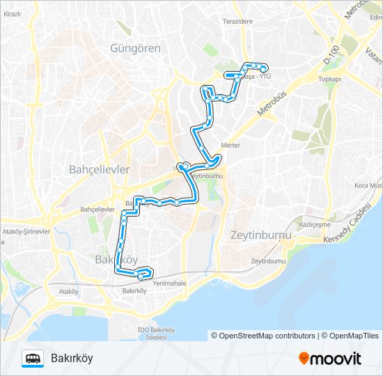 BAKIRKÖY-MERTER-YTÜ minibüs / dolmuş Hattı Haritası