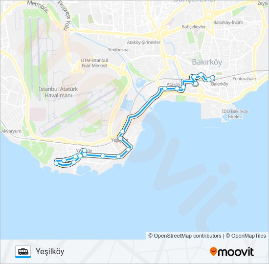 BAKIRKÖY-YEŞILYURT -YEŞILKÖY minibüs / dolmuş Hattı Haritası