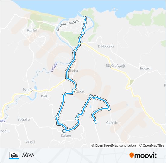 AĞVA - GÖÇE-GEREDELİ-KALEMKÖY minibüs / dolmuş Hattı Haritası