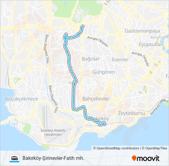 BAKIRKÖY-ŞIRINEVLER-FATIH MAH minibüs / dolmuş Hattı Haritası