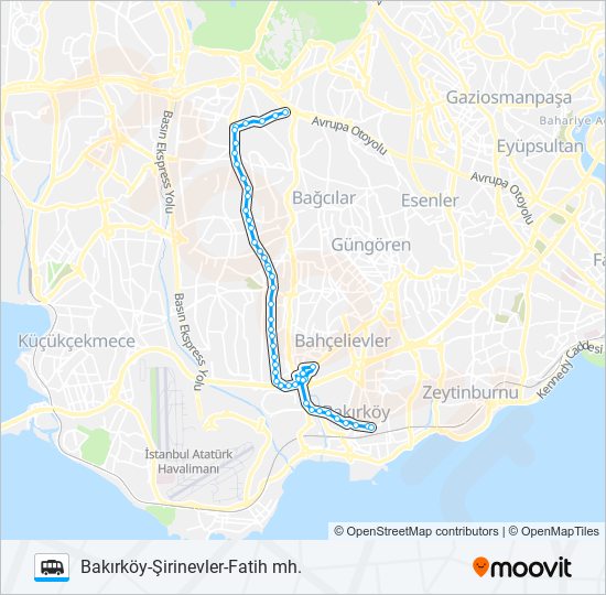 BAKIRKÖY-ŞIRINEVLER-FATIH MAH minibüs / dolmuş Hattı Haritası