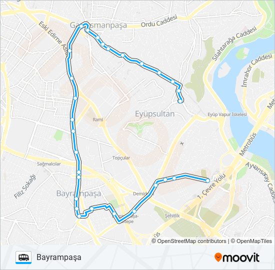 EYÜP-GAZIOSMANPAŞA-BAYRAMPAŞA minibüs / dolmuş Hattı Haritası
