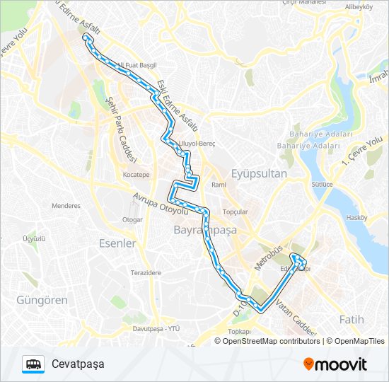 CEVATPAŞA-BAYRAMPAŞA-EDIRNEKAPI minibüs / dolmuş Hattı Haritası