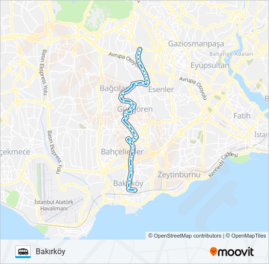 BAKIRKÖY-HASTANE-ESENLER-ATIŞALANI minibüs / dolmuş Hattı Haritası