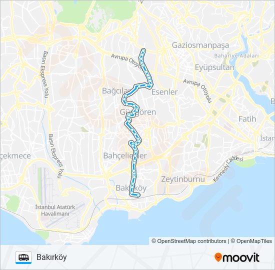 BAKIRKÖY-HASTANE-ESENLER-ATIŞALANI Dolmus & Minibus Line Map