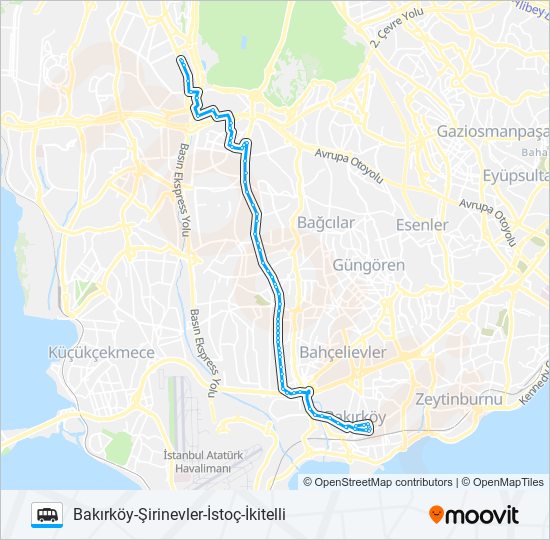 BAKIRKÖY-ŞIRINEVLER-İSTOÇ-İKITELLI minibüs / dolmuş Hattı Haritası