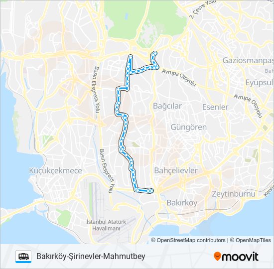 BAKIRKÖY-ŞIRINEVLER-İSTOÇ-İKITELLI minibüs / dolmuş Hattı Haritası