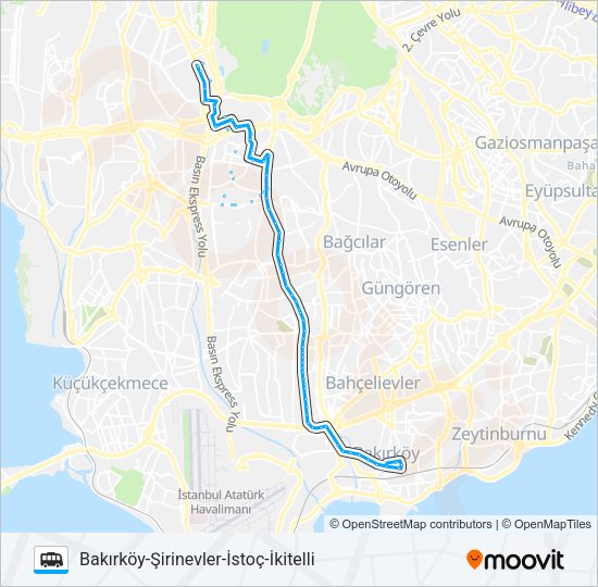 BAKIRKÖY-ŞIRINEVLER-İSTOÇ-İKITELLI minibüs / dolmuş Hattı Haritası