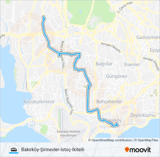BAKIRKÖY-ŞIRINEVLER-İSTOÇ-İKITELLI minibüs / dolmuş Hattı Haritası